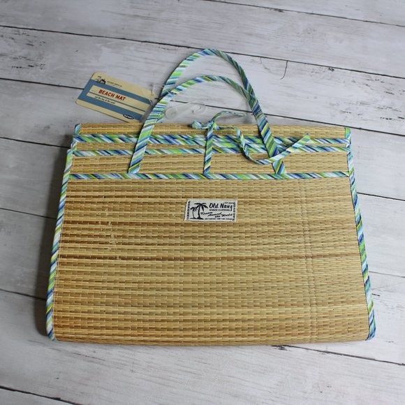 Old Navy Beach Mat Carry Tote Rattan Blue Green Stripe - Picture 2 of 4